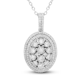 Multi-Diamond Center Oval Double Halo Necklace 1/2 ct tw 14K White Gold 18&quot;