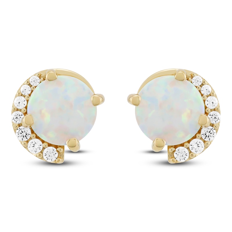 Main Image 1 of Lab-Created Opal & Diamond Stud Earrings 1/10 ct tw 10K Yellow Gold