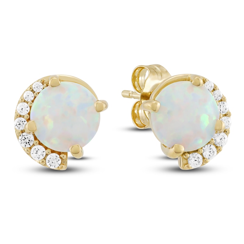 Main Image 2 of Lab-Created Opal & Diamond Stud Earrings 1/10 ct tw 10K Yellow Gold