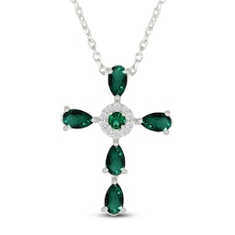 Pear-Shaped Lab-Created Emerald & White Lab-Created Sapphire Cross Necklace Sterling Silver 18&quot;