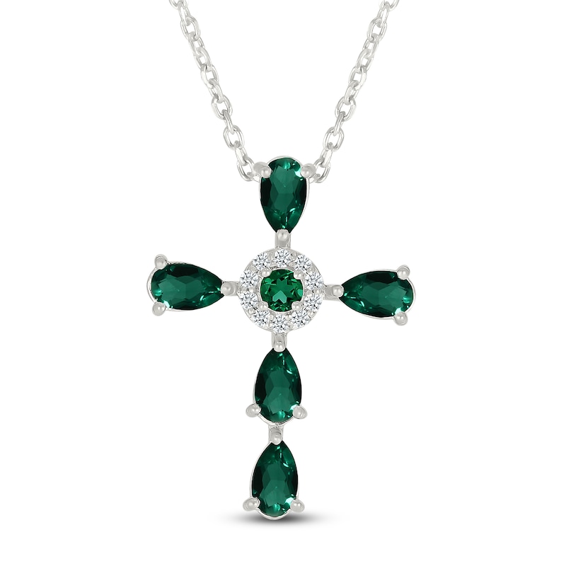 Pear-Shaped Lab-Created Emerald & White Lab-Created Sapphire Cross Necklace Sterling Silver 18"