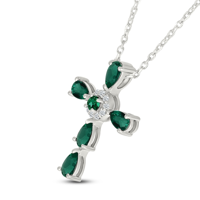 Pear-Shaped Lab-Created Emerald & White Lab-Created Sapphire Cross Necklace Sterling Silver 18"