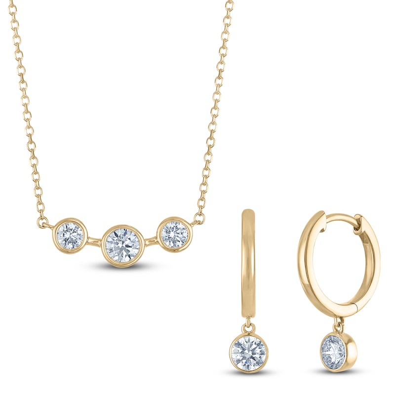 Main Image 2 of Lab-Created Diamond Three-Stone Necklace and Dangle Hoop Earrings Set 1 ct tw 14K Yellow Gold