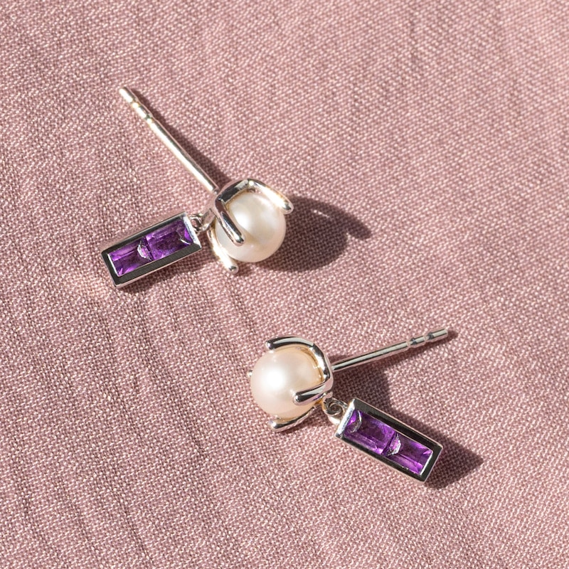 Juliette Maison Natural White Sapphire Baguette and Freshwater Cultured Pearl Earrings 10K Rose Gold