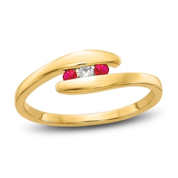 Natural Ruby 3-Stone Ring Diamond Accents 14K Yellow Gold