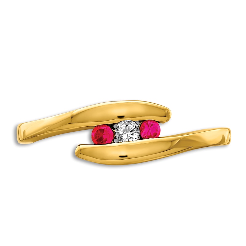 Main Image 3 of Natural Ruby 3-Stone Ring Diamond Accents 14K Yellow Gold