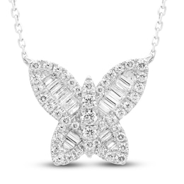 Diamond Butterfly Pendant Necklace 1/2 ct tw Baguette/Round 14K White Gold 18&quot;