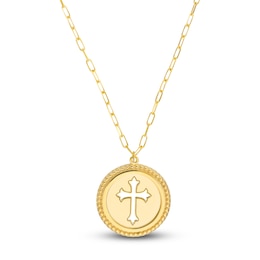 High-Polish Solid Cross Medallion Necklace 14K Yellow Gold 22&quot;