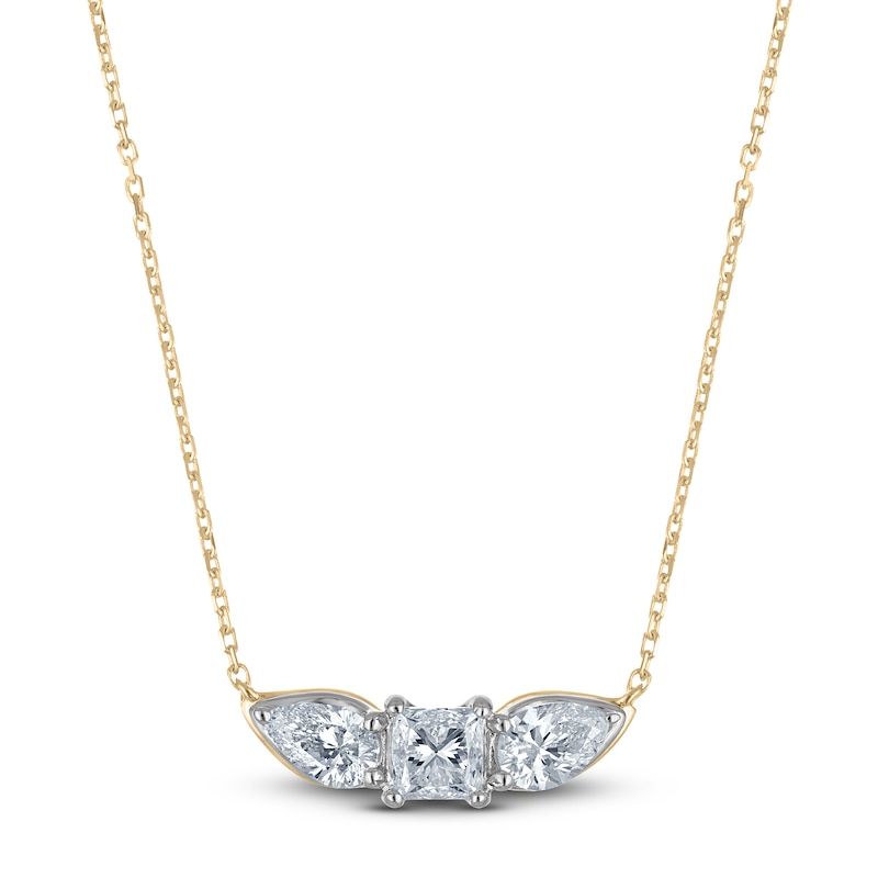 Princess & Pear-Shaped Diamond 3-Stone Necklace 1 ct tw 14K Yellow Gold