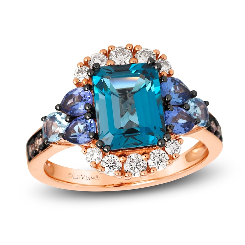 Le Vian Rectangle-Cut Blue Topaz, Tanzanite & Aquamarine Ring 1/2 ct tw Diamonds 14K Strawberry Gold