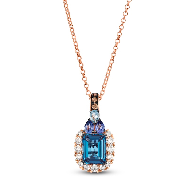 Le Vian Rectangle-Cut Blue Topaz, Tanzanite & Aquamarine Necklace 1/2 ct tw Diamonds 14K Strawberry Gold 19"