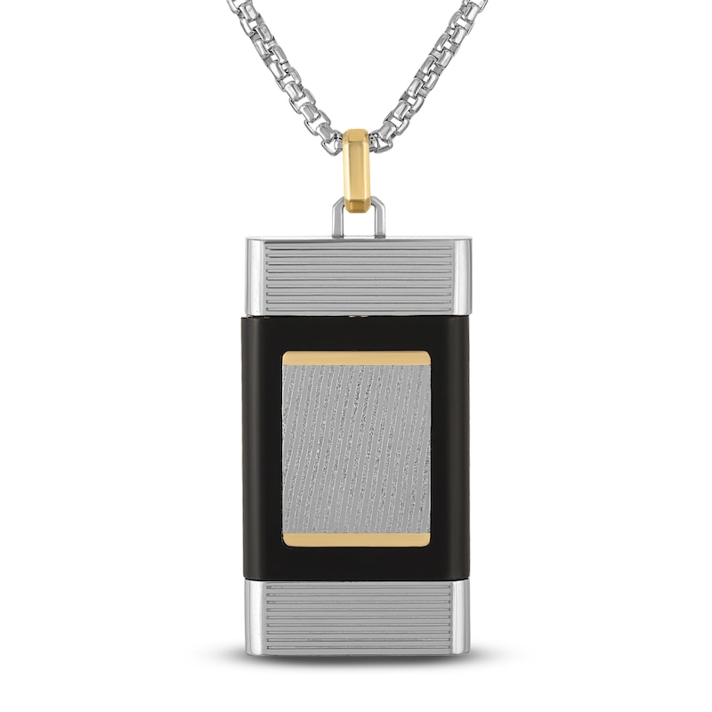 Main Image 1 of Forged by Jared Men's Rectangular Locket Necklace Damascus Steel, Sterling Silver & 18K Yellow Gold 24&quot;