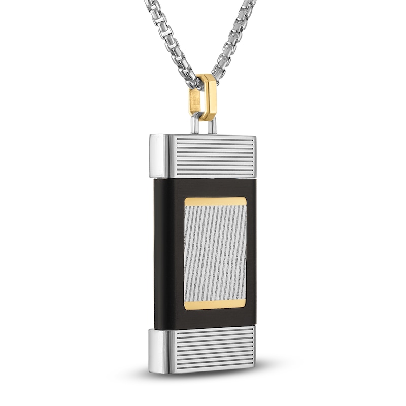 Main Image 2 of Forged by Jared Men's Rectangular Locket Necklace Damascus Steel, Sterling Silver & 18K Yellow Gold 24&quot;