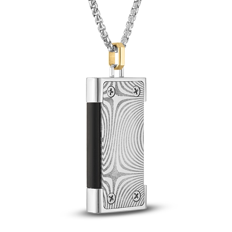 Main Image 3 of Forged by Jared Men's Rectangular Locket Necklace Damascus Steel, Sterling Silver & 18K Yellow Gold 24&quot;