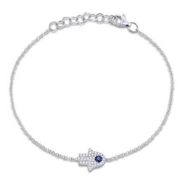 Shy Creation Natural Blue Sapphire & Diamond Hamsa Bracelet 1/15 ct tw 14K White Gold 7&quot; J-SC55005294