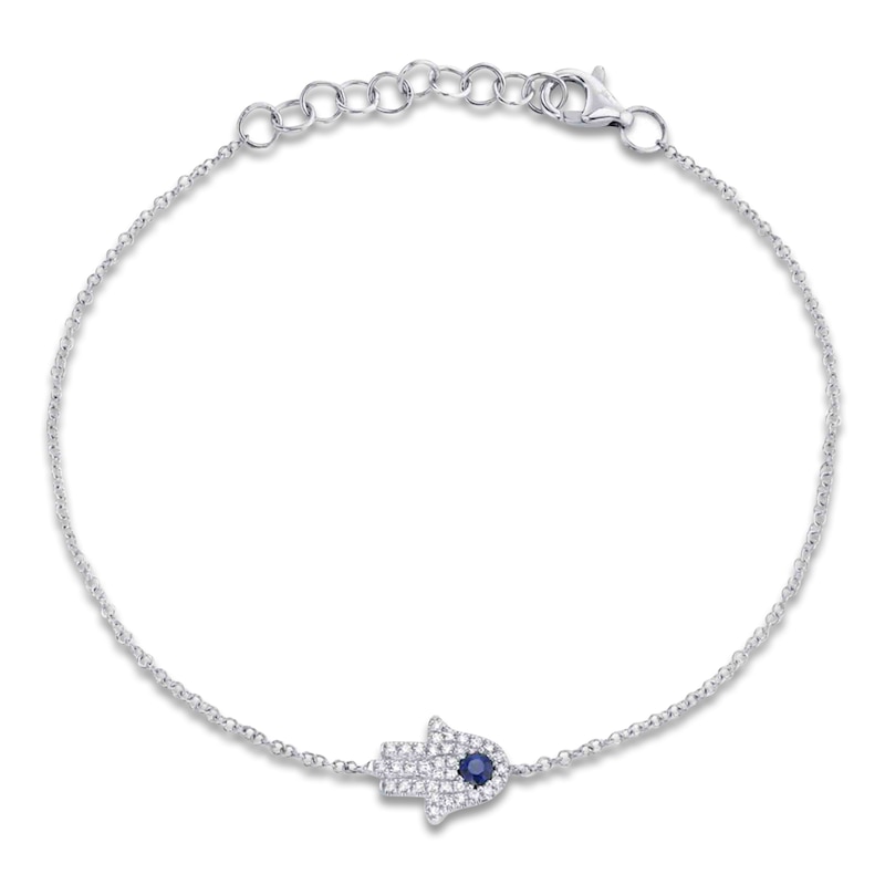 Shy Creation Natural Blue Sapphire & Diamond Hamsa Bracelet 1/15 ct tw 14K White Gold 7" J-SC55005294