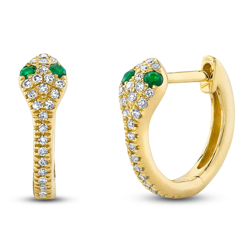 Shy Creation Natural Emerald & Diamond Snake Hoop Earrings 1/10 ct tw 14K Yellow Gold J-SC22008280