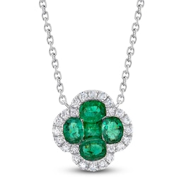 Shy Creation Natural Emerald & Diamond Quatrefoil Necklace 1/8 ct tw 14K White Gold 18&quot; J-SC41002238