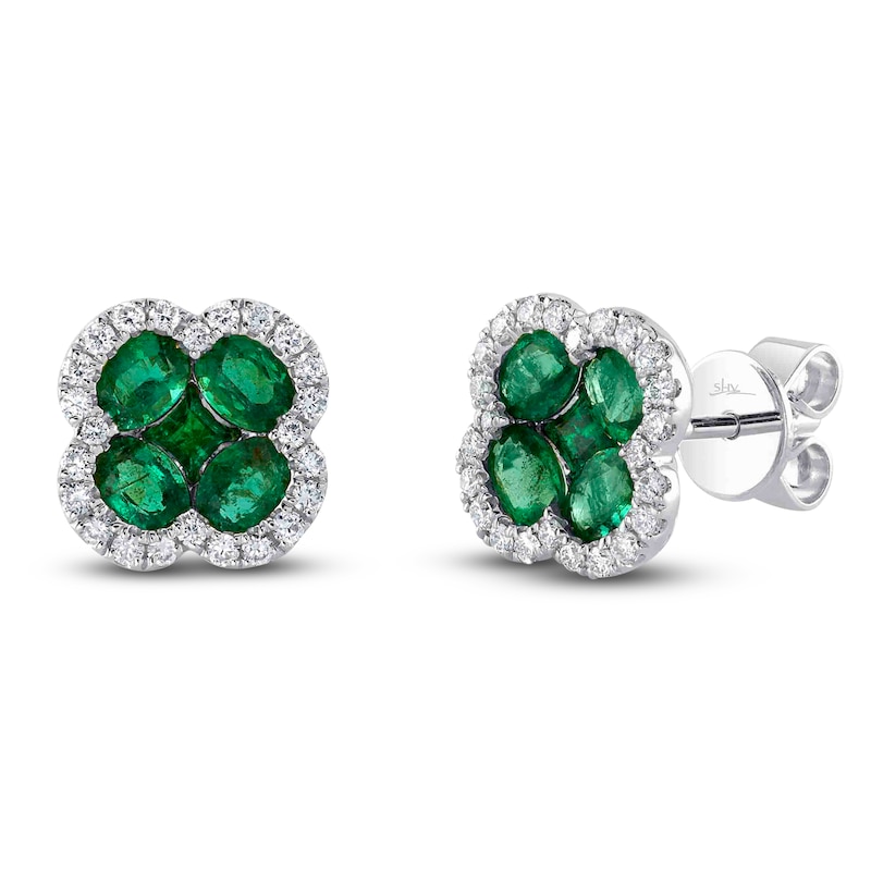 Main Image 1 of Shy Creation Natural Emerald & Diamond Quatrefoil Earrings 1/3 ct tw 14K White Gold J-SC41002241