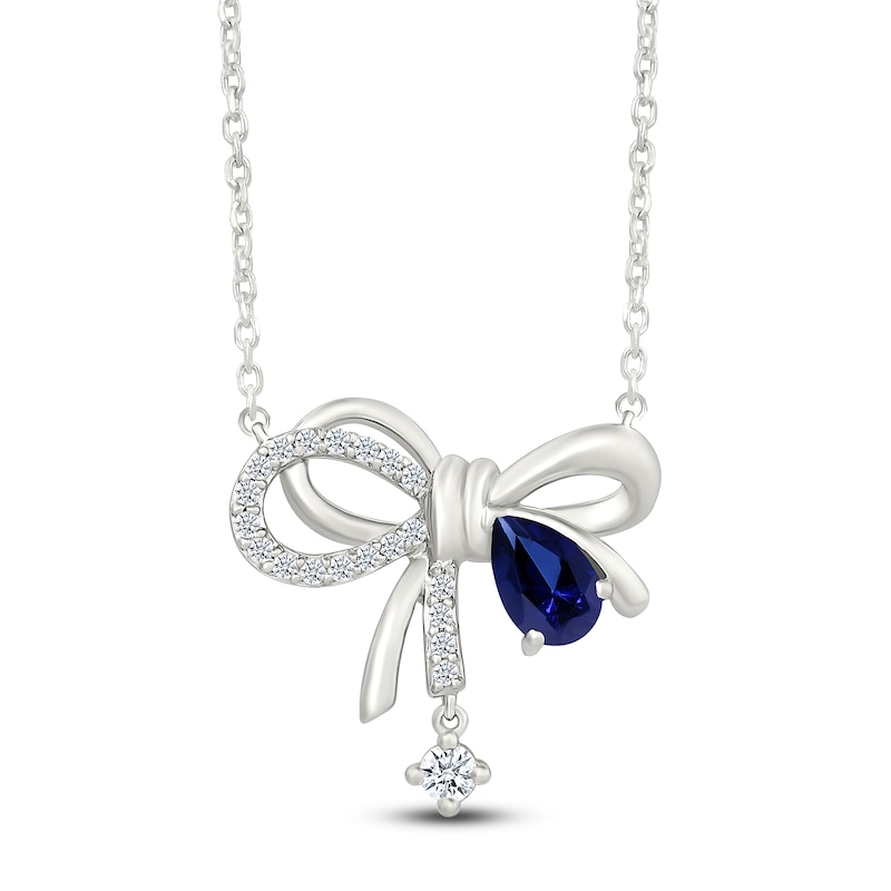 Pear-Shaped Blue Lab-Created Sapphire & White Lab-Created Sapphire Dangle Bow Necklace Sterling Silver 18"