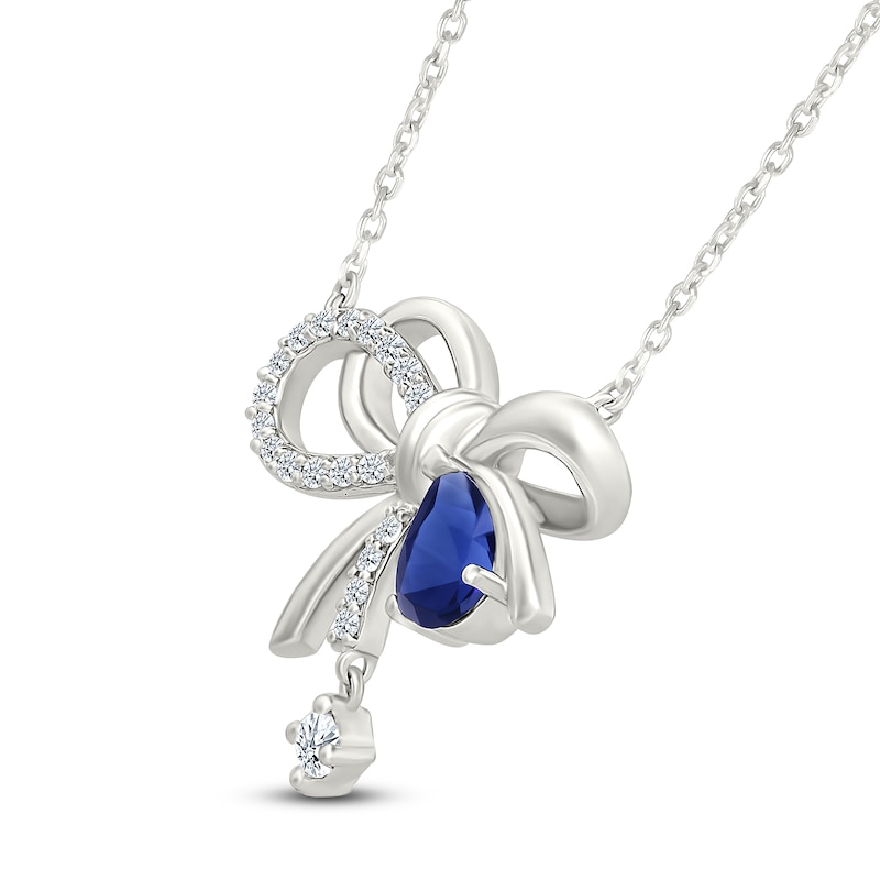 Main Image 2 of Pear-Shaped Blue Lab-Created Sapphire & White Lab-Created Sapphire Dangle Bow Necklace Sterling Silver 18&quot;