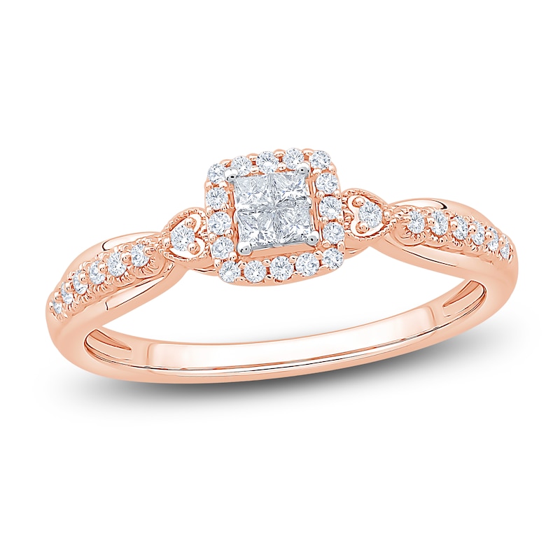 Main Image 1 of Princess-Cut Quad Diamond Cushion Halo Promise Ring 1/4 ct tw 10K Rose Gold