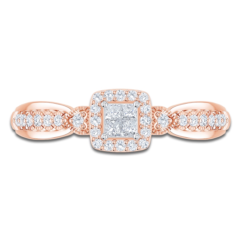 Main Image 3 of Princess-Cut Quad Diamond Cushion Halo Promise Ring 1/4 ct tw 10K Rose Gold