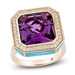 Octagon-Cut Natural Amethyst, Turquoise, Rhodolite Garnet & Diamond Cocktail Ring 1/3 ct tw 14K Rose Gold