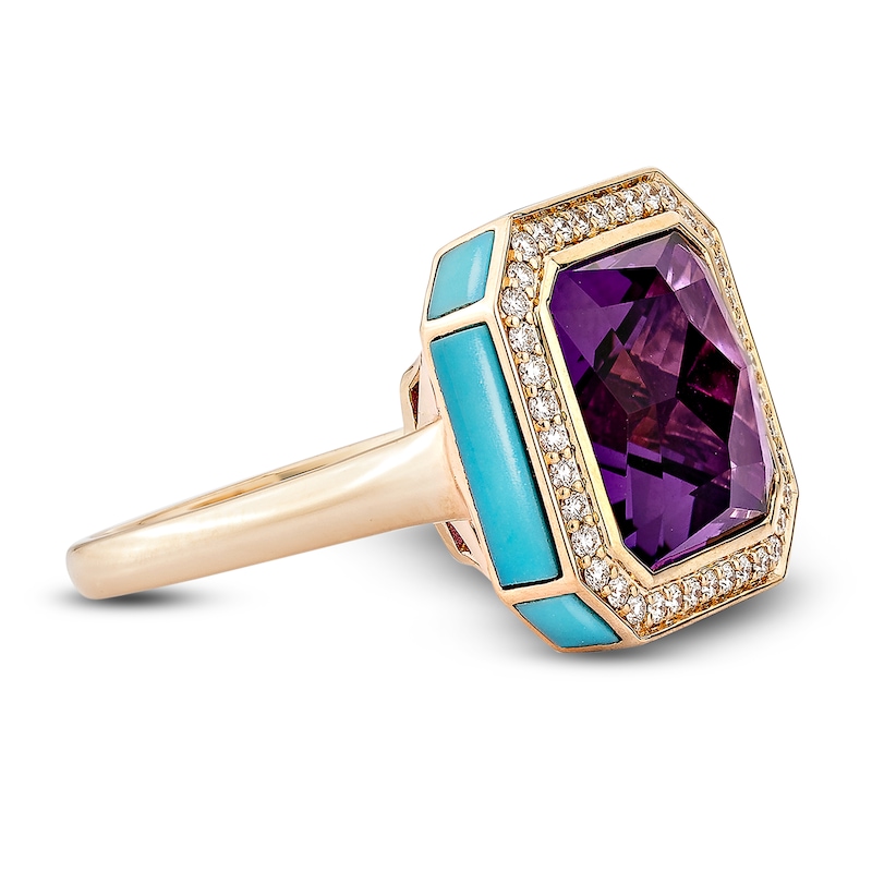 Main Image 2 of Octagon-Cut Natural Amethyst, Turquoise, Rhodolite Garnet & Diamond Cocktail Ring 1/3 ct tw 14K Rose Gold