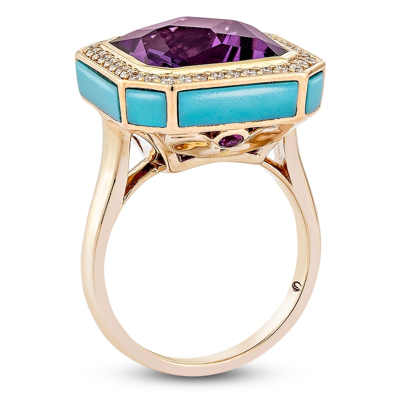 Main Image 4 of Octagon-Cut Natural Amethyst, Turquoise, Rhodolite Garnet & Diamond Cocktail Ring 1/3 ct tw 14K Rose Gold