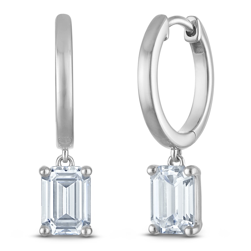 Main Image 2 of Emerald-Cut Lab-Created Diamond Solitaire Dangle Hoop Earrings 2 ct tw 14K White Gold (SI2/F)