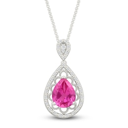 Pear-Shaped Pink Lab-Created Sapphire & Diamond Filigree Necklace 1/10 ct tw Sterling Silver 18&quot;