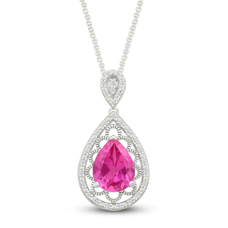 Main Image 1 of Pear-Shaped Pink Lab-Created Sapphire & Diamond Filigree Necklace 1/10 ct tw Sterling Silver 18&quot;