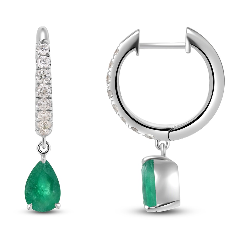 Main Image 1 of Pear-Shaped Natural Emerald & Diamond Dangle Hoop Earrings 1/4 ct tw 14K White Gold