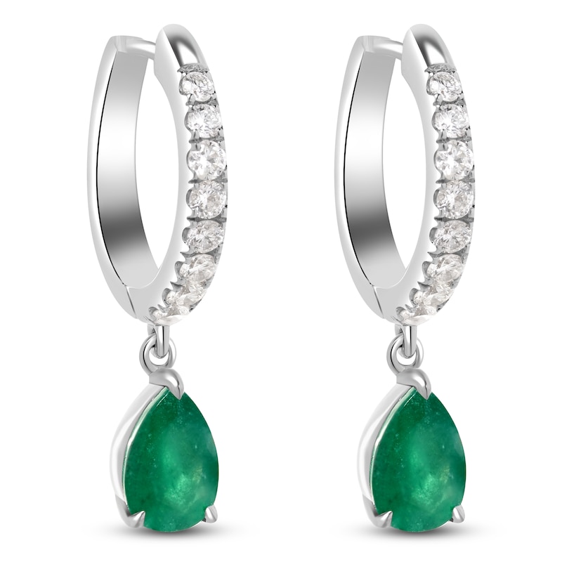 Main Image 3 of Pear-Shaped Natural Emerald & Diamond Dangle Hoop Earrings 1/4 ct tw 14K White Gold