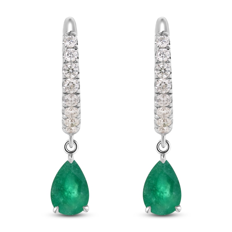 Main Image 4 of Pear-Shaped Natural Emerald & Diamond Dangle Hoop Earrings 1/4 ct tw 14K White Gold