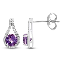 Natural Amethyst & White Lab-Created Sapphire Teardrop Halo Drop Earrings Sterling Silver