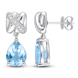 Y-Knot Natural Blue Topaz Earrings 1/15 ct tw Diamonds 14K White Gold