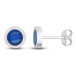 Men's Natural Blue Agate Stud Earrings Sterling Silver