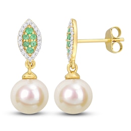 Freshwater Cultured Pearl & Natural Emerald Drop Earrings 1/8 ct tw Diamonds 14K Yellow Gold