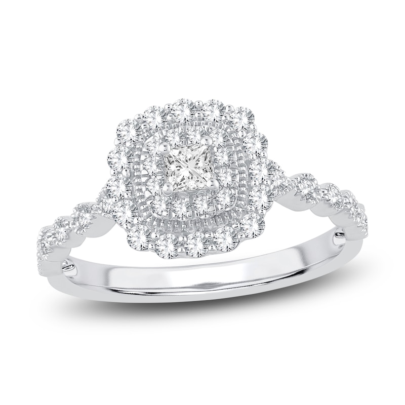 Main Image 1 of Princess & Round-Cut Diamond Double Halo Engagement Ring 1/2 ct tw 14K White Gold