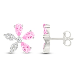 Pear-Shaped Pink Lab-Created Sapphire & White Lab-Created Sapphire Flower Stud Earrings Sterling Silver