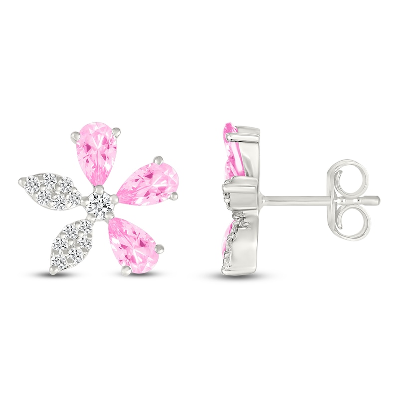 Pear-Shaped Pink Lab-Created Sapphire & White Lab-Created Sapphire Flower Stud Earrings Sterling Silver