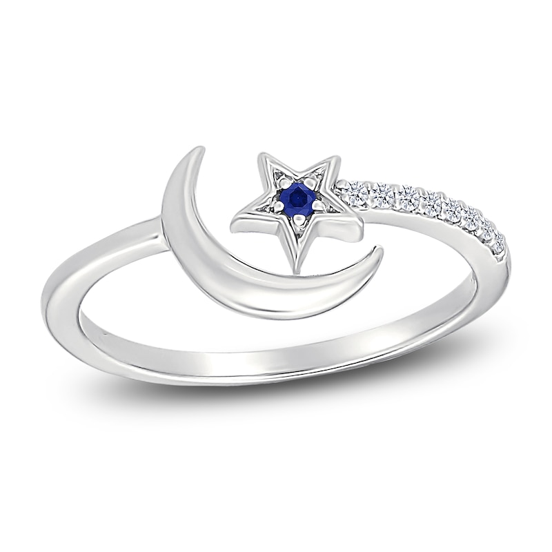 Main Image 1 of Blue & White Lab-Created Sapphire Moon & Star Ring Sterling Silver