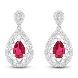 Pear-Shaped Lab-Created Ruby & Diamond Filigree Dangle Earrings 1/6 ct tw Sterling Silver