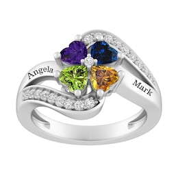 Heart Birthstone Family & Mother's Flower Design Ring (2-4 Stones and 2 Lines)