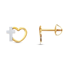 Children's Earrings Heart and Cross 14K Yellow Gold