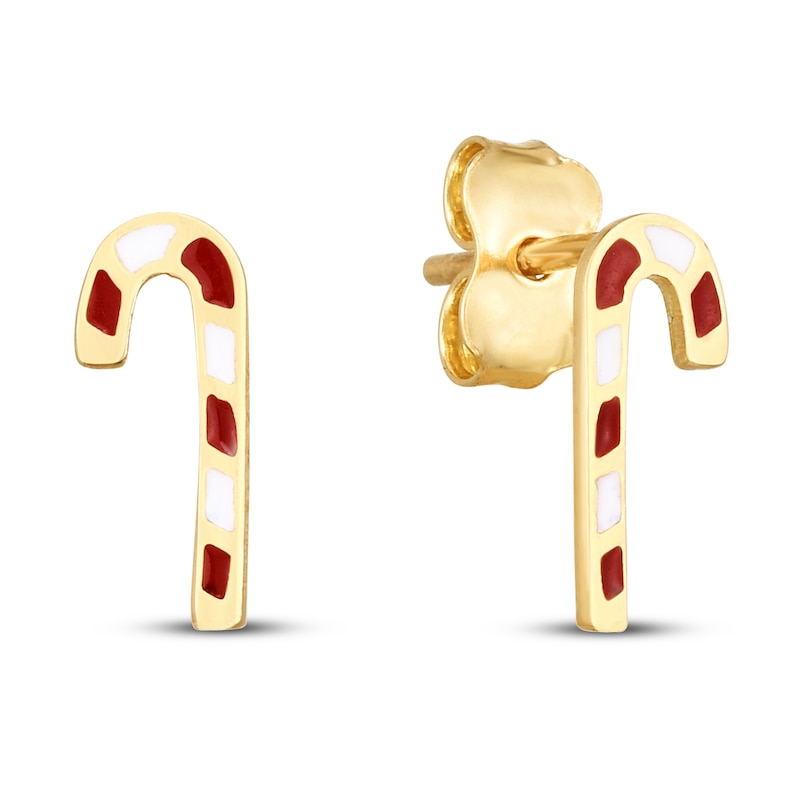 Candy Cane Stud Earrings Red/White Enamel 14K Yellow Gold