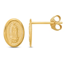 Virgin Mary Medallion Stud Earrings 14K Yellow Gold