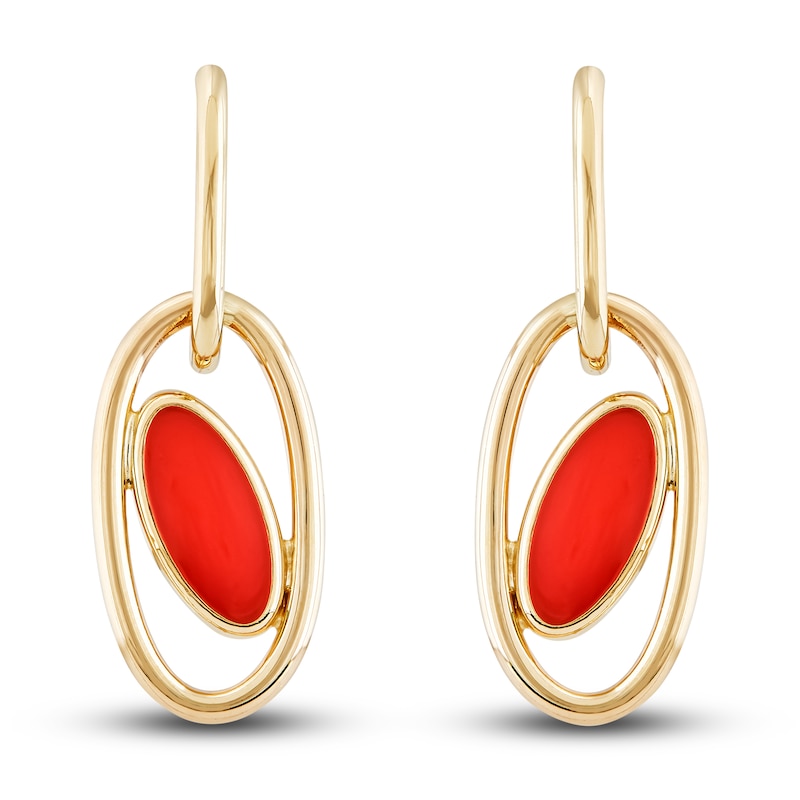 Italia D'Oro Oval Drop Earrings Red Enamel 14K Yellow Gold